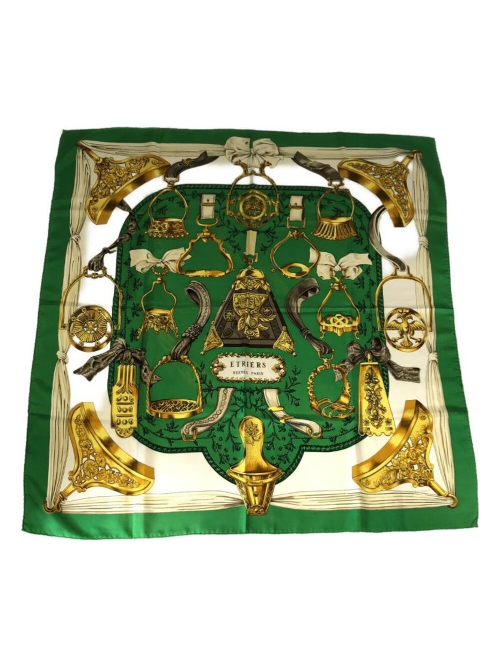 Hermes Carre 90 Etriers Armor Pattern Silk Scarf Green White